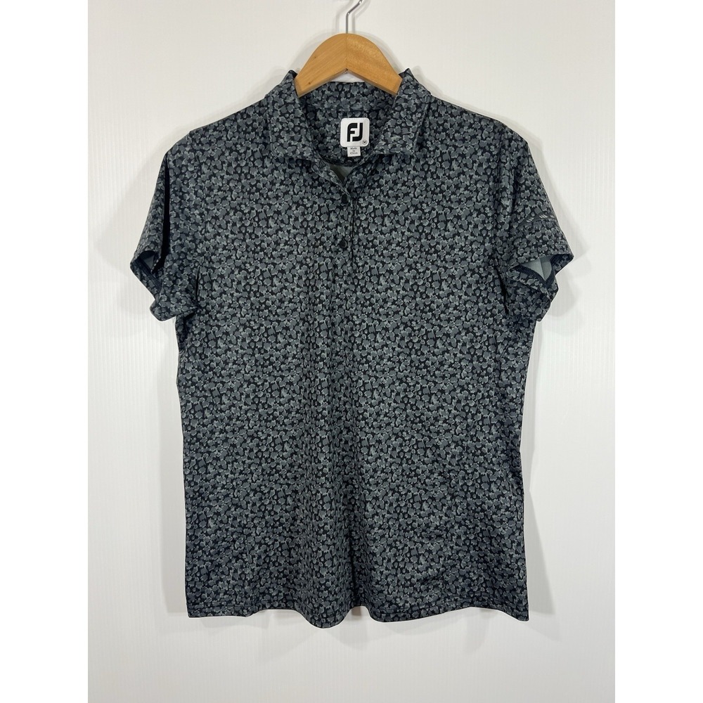 FOOTJOY Women's Short Sleeve Golf Polo Shirt Sz M Lincoln Hills Black Gray Print